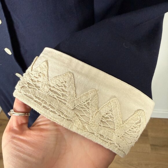 Vintage Navy Maxi Dress Lace Statement Collar Long Sleeve Modest Victorian L - Picture 5 of 13